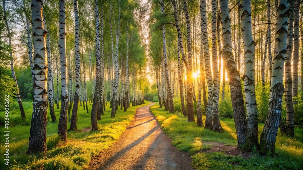 Fototapeta premium Aerial view of summer birch grove pathway at dusk