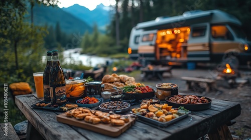 scenic outdoor camping setup with picnic spread on wooden table featuring food and drink van life adventure with camper van in the background perfect for an outdoor trip