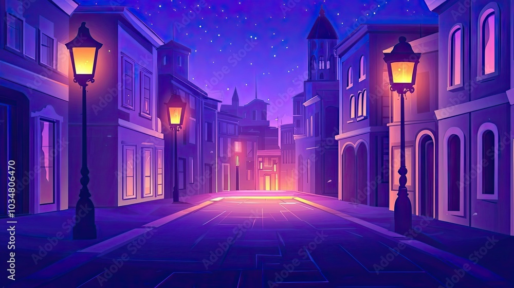 A Nighttime View of a Cobblestone Street in a City with Streetlights and Stars A Nighttime View of a Cobblestone Street in a City with Streetlights and Stars