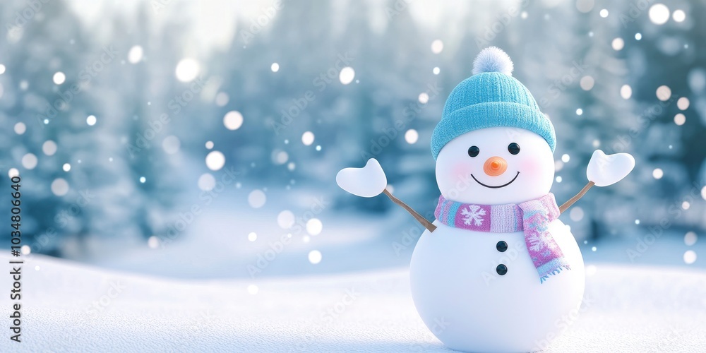 A cute snowman in the snowy landscape, wearing a colorful scarf and hat with arms outstretched to welcome you on Christmas day. The background features an enchanting winter forest scene. A cute snowman in the snowy landscape, wearing a colorful scarf and hat with arms outstretched to welcome you on Christmas day. The background features an enchanting winter forest scene.