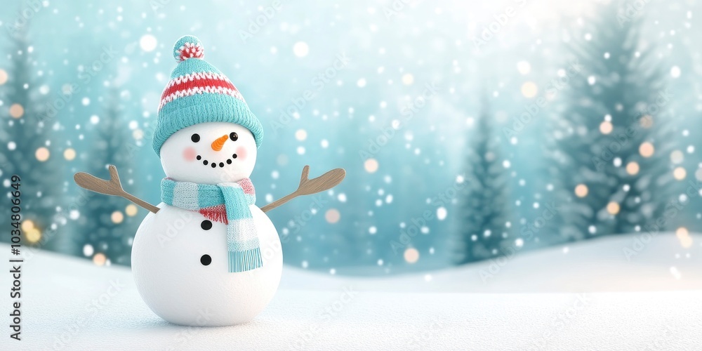 A cute snowman in the snowy landscape, wearing a colorful scarf and hat with arms outstretched to welcome you on Christmas day. The background features an enchanting winter forest scene. A cute snowman in the snowy landscape, wearing a colorful scarf and hat with arms outstretched to welcome you on Christmas day. The background features an enchanting winter forest scene.