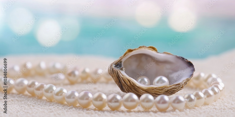 A delicate pearl necklace and an oyster with pearls inside, concept of the natural beauty of gemstones and sea life. A delicate pearl necklace and an oyster with pearls inside, concept of the natural beauty of gemstones and sea life.
