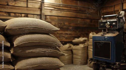 A pile of bags of grain sits in a warehouse. A machine is in the background. The grain is being processed photo