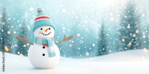 A cute snowman in the snowy landscape, wearing a colorful scarf and hat with arms outstretched to welcome you on Christmas day. The background features an enchanting winter forest scene.