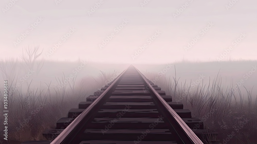Railroad Tracks Disappearing Into Foggy Distance Railroad Tracks Disappearing Into Foggy Distance