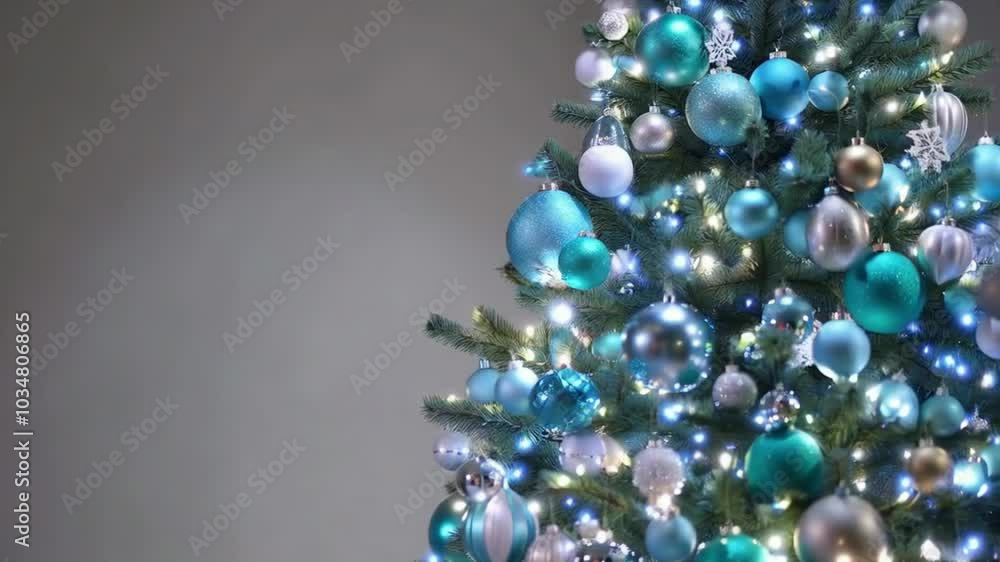 Animated video Christmas tree with blue ornaments stands on grey background. Animated video Christmas tree with blue ornaments stands on grey background.