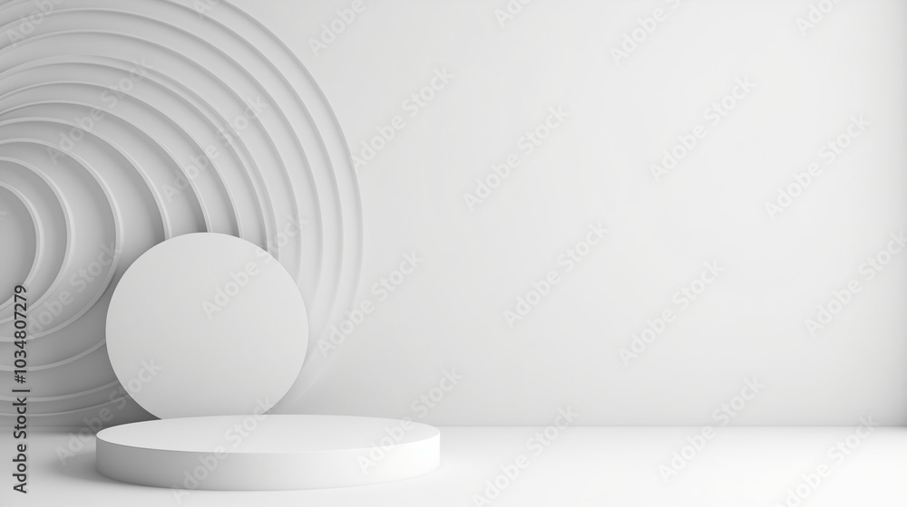 A sleek circular shape rests against a backdrop of layered geometric designs, showcasing a modern minimalist aesthetic ideal for artistic presentations, copy space, product podium
