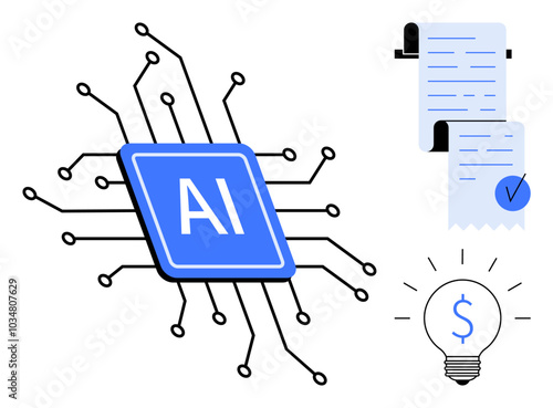 Blue AI chip with circuits in connection, a document with a checkmark, and a lightbulb with a dollar sign. Ideal for technology, artificial intelligence, finance, innovation, document management