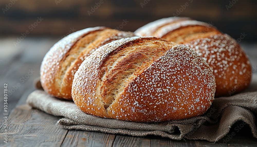 Fresh bread on rustic wood table, healthy meal. generated by AI Fresh bread on rustic wood table, healthy meal. generated by AI
