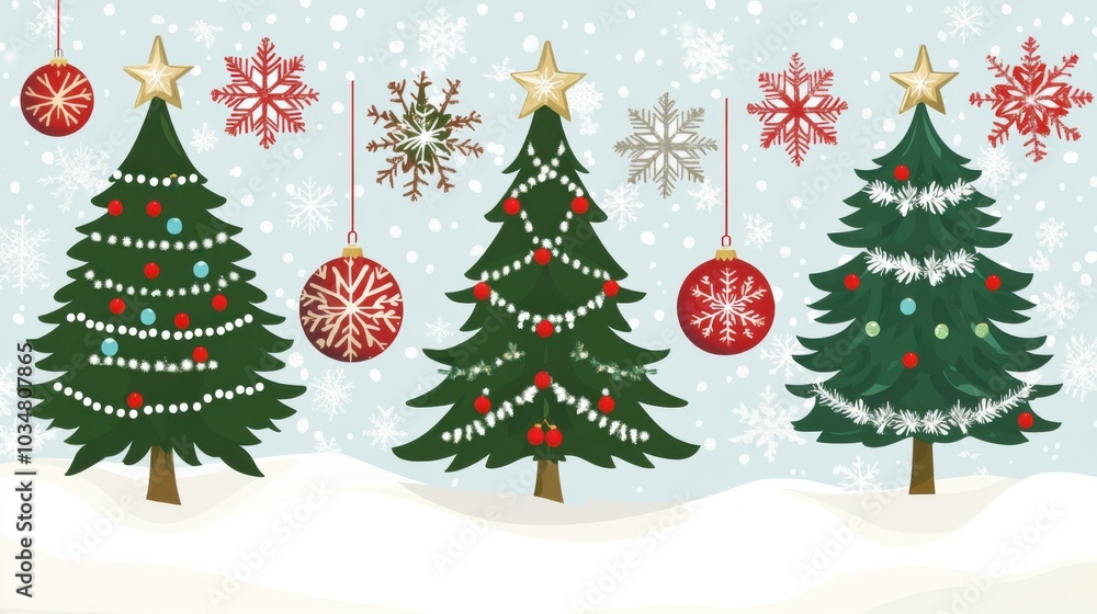 Festive Holiday Scene with Christmas Trees and Decorations Festive Holiday Scene with Christmas Trees and Decorations
