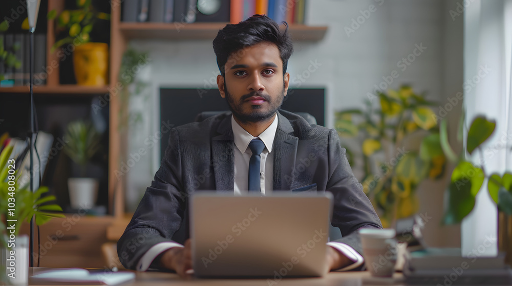 Busy Indian business man employee manager participating web conference hybrid call meeting in office, watching elearning webinar writing notes working Busy Indian business man employee manager participating web conference hybrid call meeting in office, watching elearning webinar writing notes working