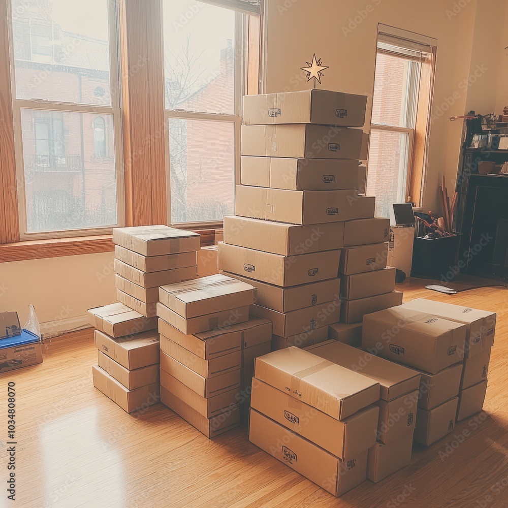 A stack of cardboard boxes arranged in a spacious room with natural light. A stack of cardboard boxes arranged in a spacious room with natural light.