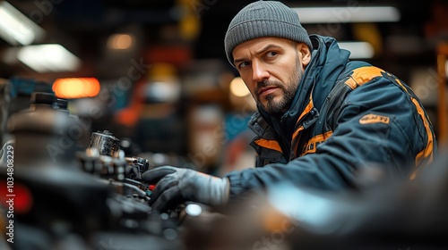 skilled car mechanic performing detailed vehicle inspection in professional auto repair shop focus on hands on work and technical expertise.stock image