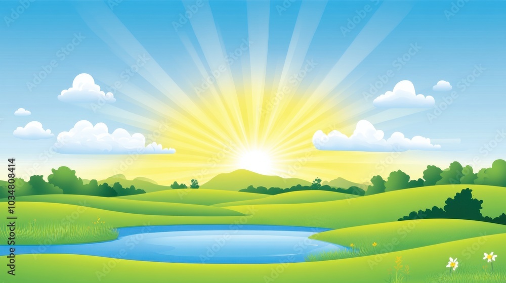 Obraz premium Vibrant Vector Landscape with Rolling Hills and Sunlight