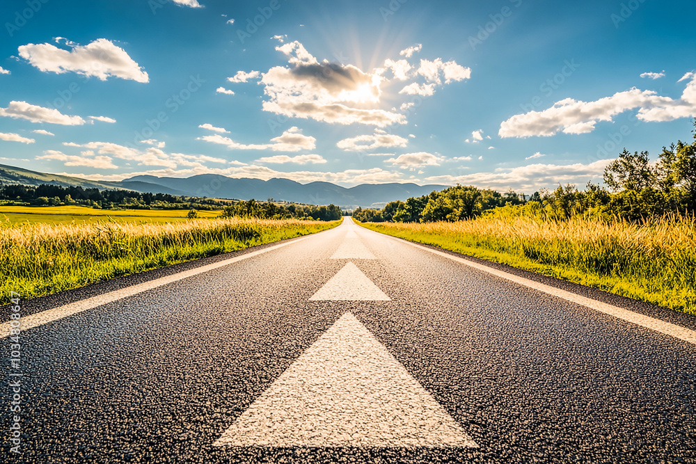 Naklejka premium Asphalt Road Symbolism, Long, asphalted road with upward arrows. Symbolizes growth, development, success.Ideal for themes of progress, ambition, and continuous improvement.