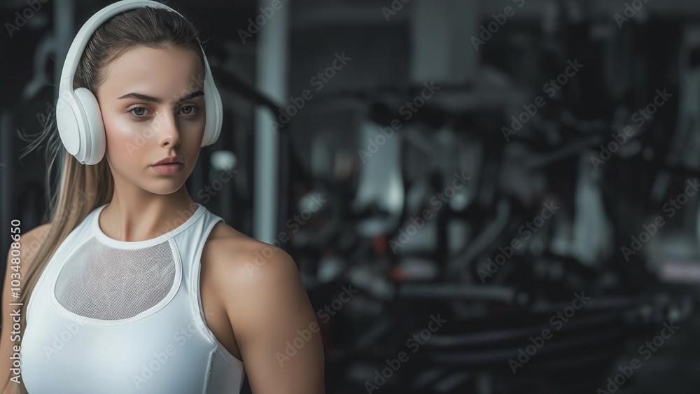 Obraz premium Sportliche junge Frau mit Kopfhörern im Fitnessstudio. Konzentrierter Blick, trainierte Figur in engem Sportoutfit. Umgeben von Trainingsgeräten