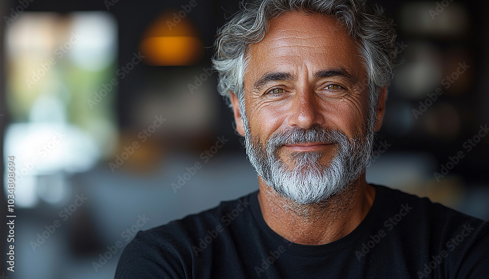 Smiling man with gray hair and beard indoors. generated by AI Smiling man with gray hair and beard indoors. generated by AI