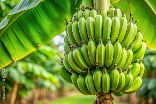 Close up of green bananas hanging on tree, unripe fruit