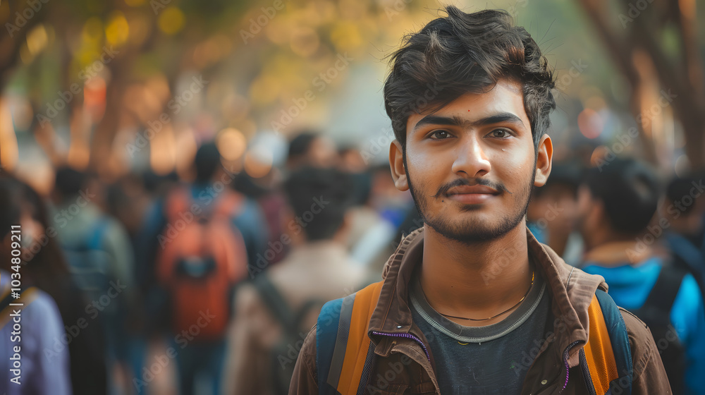East Indian college student going back to school with crowd of students East Indian college student going back to school with crowd of students