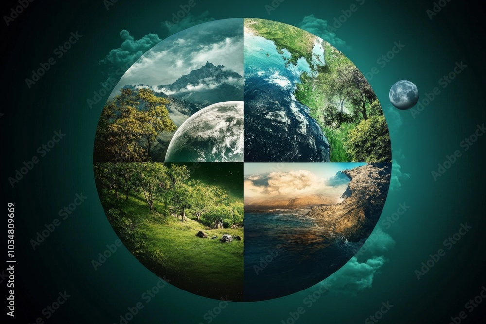 Fototapeta premium Collage four different photographs planet are arranged circular Elements of environmental impact
