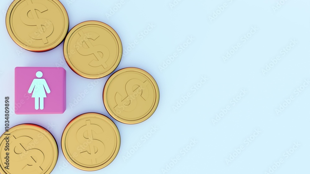 A 3d rendering of pink cube with a white female symbol on top of it, surrounded by stacks of gold coins. A 3d rendering of pink cube with a white female symbol on top of it, surrounded by stacks of gold coins.