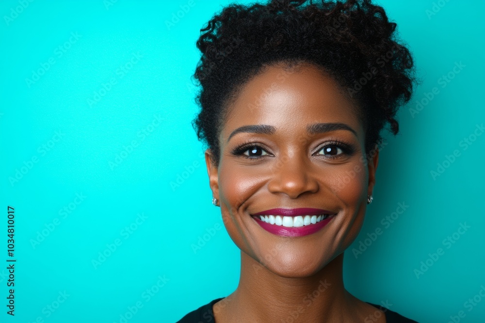 Smiling African American Businesswoman Against Teal Background in Office Smiling African American Businesswoman Against Teal Background in Office