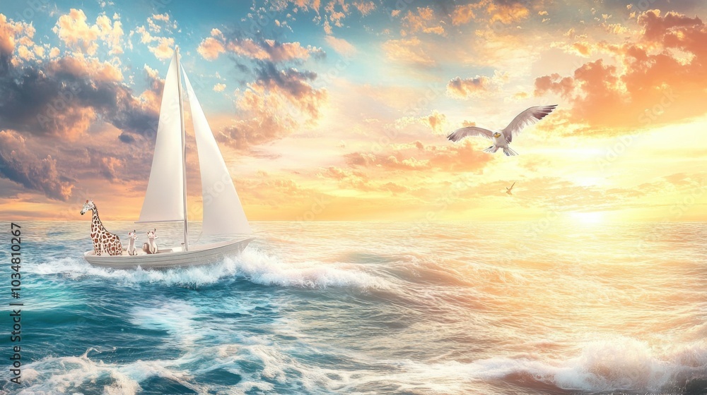 Naklejka premium Cartoon Animals Sailing on a Colorful Ocean Sunset