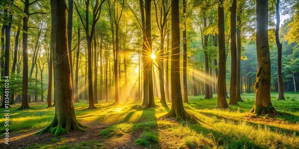 Fototapeta premium Golden rays illuminate a verdant forest, casting long shadows on the lush grass and highlighting the textured bark of ancient trees.