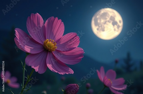 Dark cosmos flower with full moon at night.	
