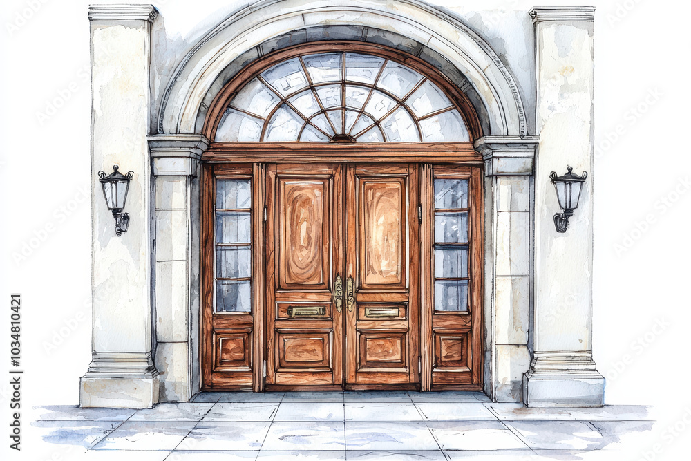A beautifully crafted wooden double door with intricate arches and glass panels, flanked by elegant wall sconces. A beautifully crafted wooden double door with intricate arches and glass panels, flanked by elegant wall sconces.