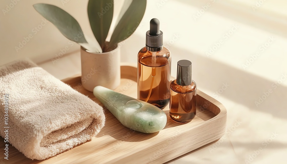 A serene skincare arrangement featuring essential oils, a jade roller, a soft towel, and a potted plant on a wooden tray. A serene skincare arrangement featuring essential oils, a jade roller, a soft towel, and a potted plant on a wooden tray.