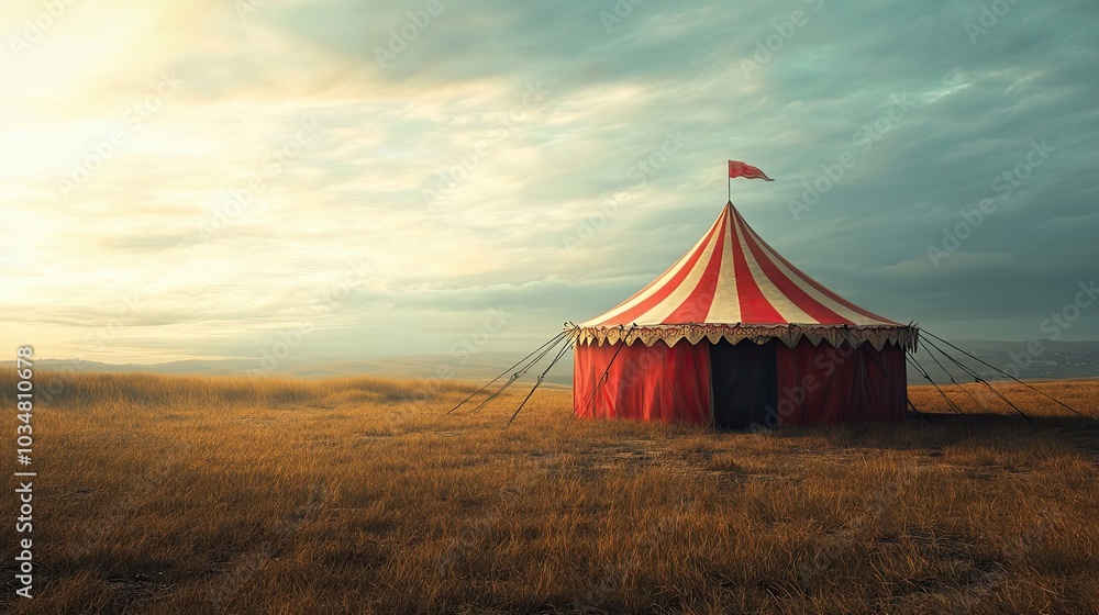 A Red and White Striped Circus Tent Stands Alone in a Field A Red and White Striped Circus Tent Stands Alone in a Field