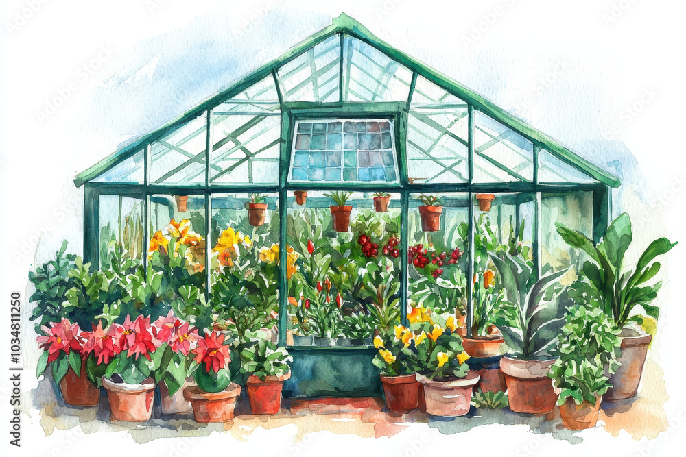 A vibrant greenhouse filled with colorful flowers and plants in decorated pots, showcasing a lush indoor garden environment. A vibrant greenhouse filled with colorful flowers and plants in decorated pots, showcasing a lush indoor garden environment.