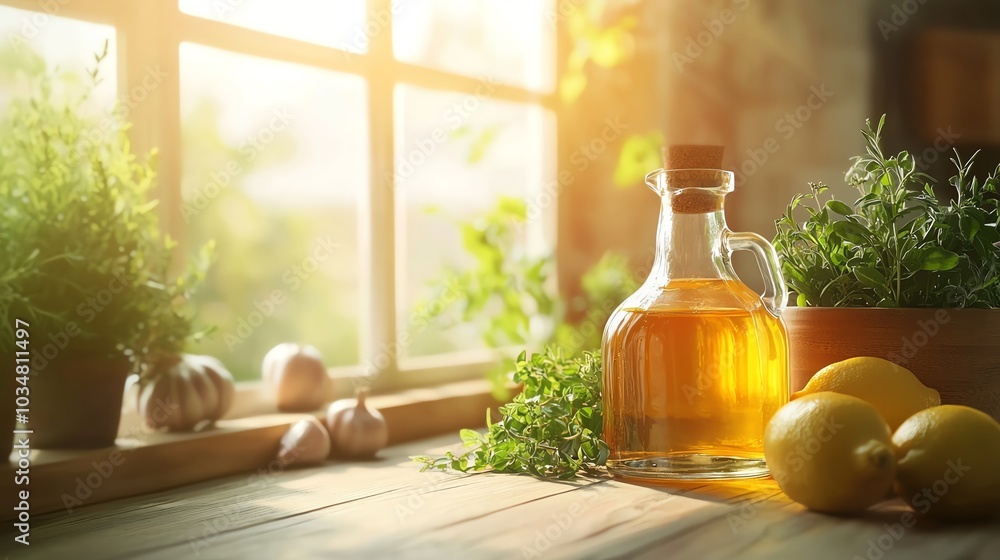 Bottle of oil with herbs and lemons basking in warm sunlight by the window, creating a fresh culinary atmosphere. Bottle of oil with herbs and lemons basking in warm sunlight by the window, creating a fresh culinary atmosphere.