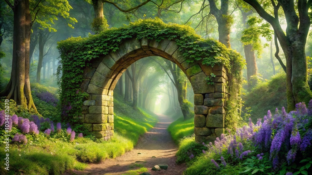 Obraz premium A Stone Archway, Overgrown with Vines, Frames a Mystical Path Leading Into a Sunlit Forest, Bathed in Morning Mist, With Blossoms Dotting the Foliage