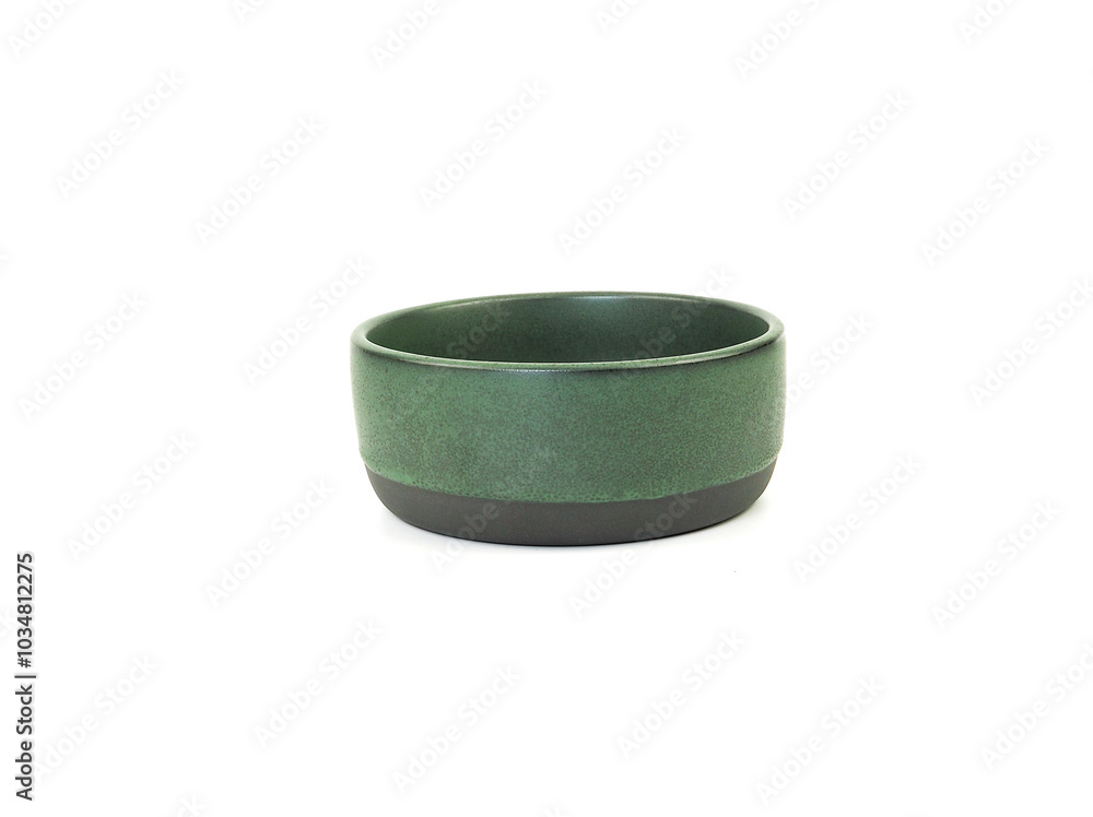 Front view, empty dark green round ceramic bowl isolated on a white background. Use for home or restaurant, food design. Kitchen accessory. .. Front view, empty dark green round ceramic bowl isolated on a white background. Use for home or restaurant, food design. Kitchen accessory. ..