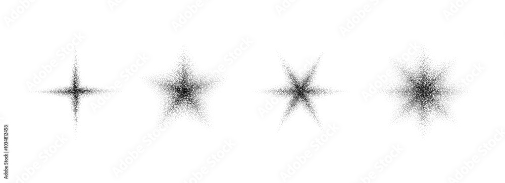 Stippled grain star set. Black noise texture asterisk collection. Halftone glitter sparkles, sparks, twinkles pack for design template, poster, banner, brochure, leaflet. Black dotted flares. Vector