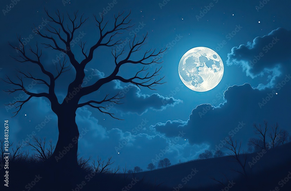 The silhouette of a spooky bare branch halloween tree against a winter blue night sky with a glowing full moon and clouds The silhouette of a spooky bare branch halloween tree against a winter blue night sky with a glowing full moon and clouds