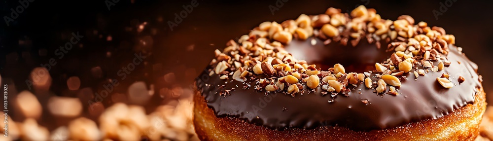 Fototapeta premium Delicious chocolate donut topped with nuts, perfect for dessert and sweet cravings.