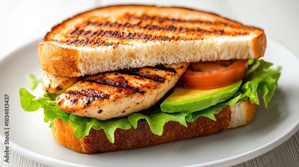 Delicious grilled chicken sandwich with lettuce, tomato, and avocado on toasted bread, plated elegantly. Delicious grilled chicken sandwich with lettuce, tomato, and avocado on toasted bread, plated elegantly.