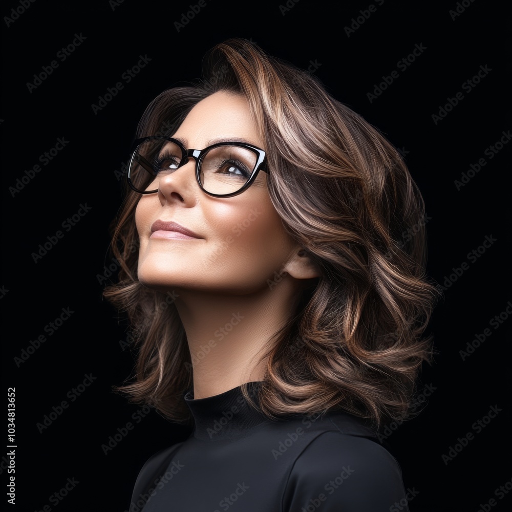 Obraz premium Portrait woman shoulder-length brunette hair She wearing black Confidently smiling businesswoman