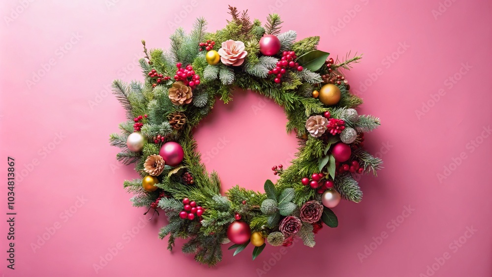 Description: A beautiful floral Christmas wreath placed on a pink background from an aerial view Description: A beautiful floral Christmas wreath placed on a pink background from an aerial view