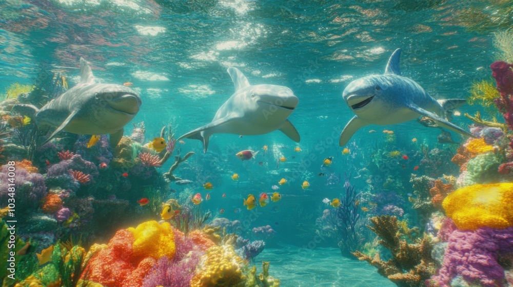 Playful Cartoon Animals in Clear Water Scene Playful Cartoon Animals in Clear Water Scene
