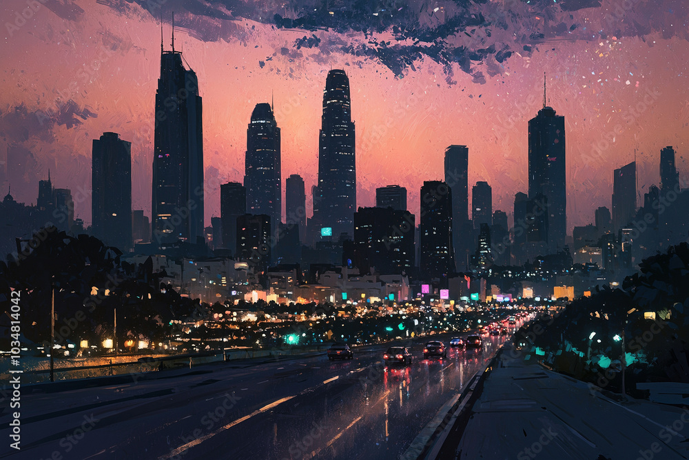 Fototapeta premium The city at night with tall buildings has sparkling city lights, no people. In painting style