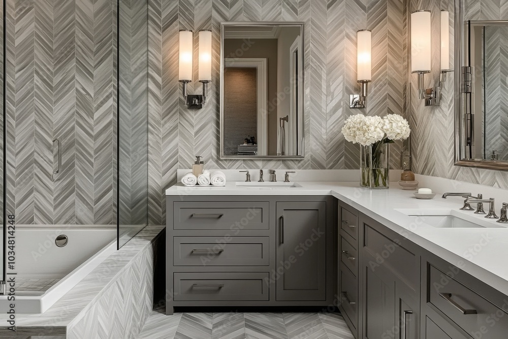 Fototapeta premium This modern bathroom large double vanity walk-in shower Luxurious home