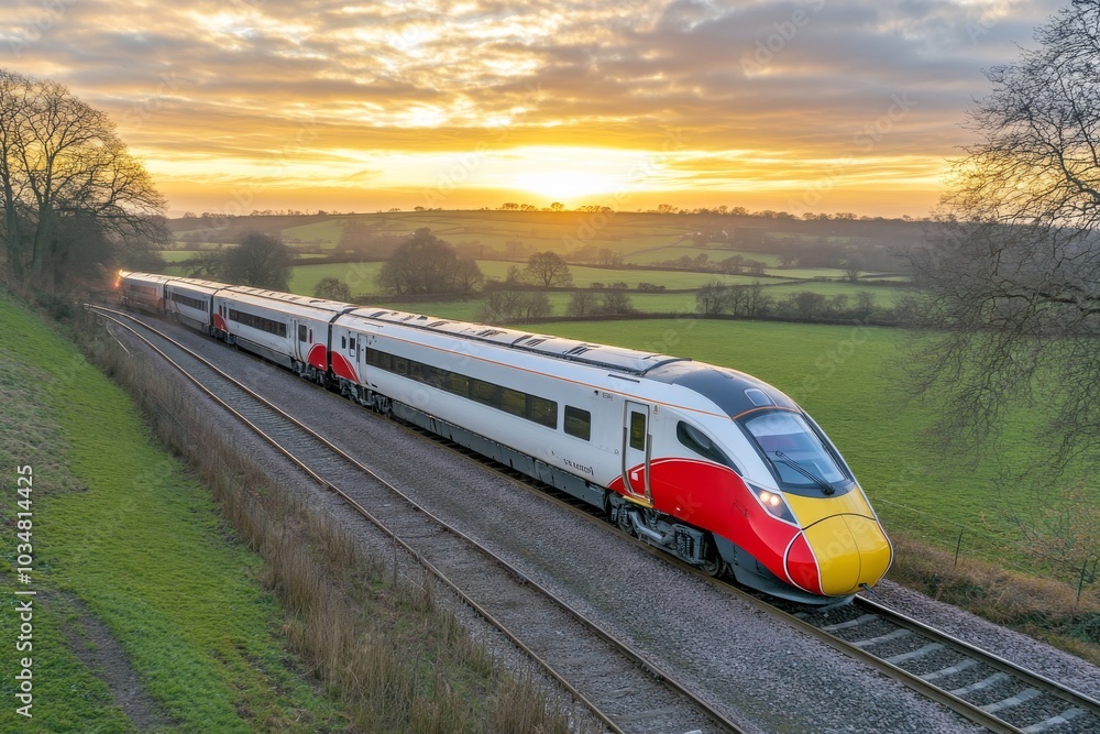 Fototapeta premium Effortless High-Speed Train Journey Across Grassland at Sunset with Copy Space