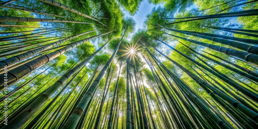 A verdant canopy of bamboo stalks reaching towards the sun, illuminating the sky with a radiant glow. A verdant canopy of bamboo stalks reaching towards the sun, illuminating the sky with a radiant glow.