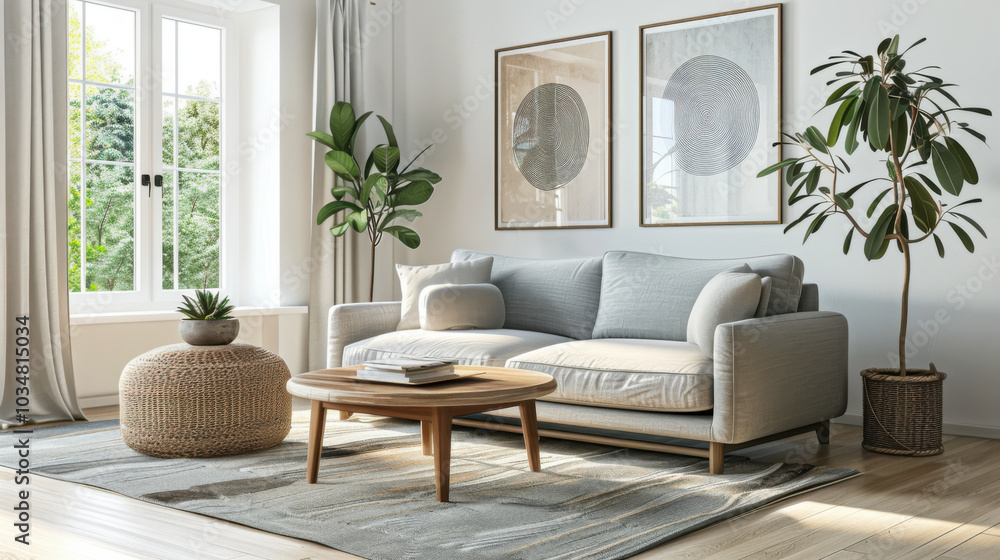 Interior of light living room with grey sofa, wooden coffee table and big window Interior of light living room with grey sofa, wooden coffee table and big window