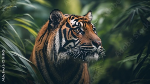 2410 3.A captivating close-up shot of a Sumatran tiger in the heart of the jungle, focusing on the animal's alert expression. The background is filled with a blur of lush green foliage, creating a