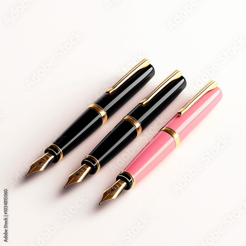 Elegant fountain pens in black, gold, and pink against a white background, perfect for office or luxury stationery.